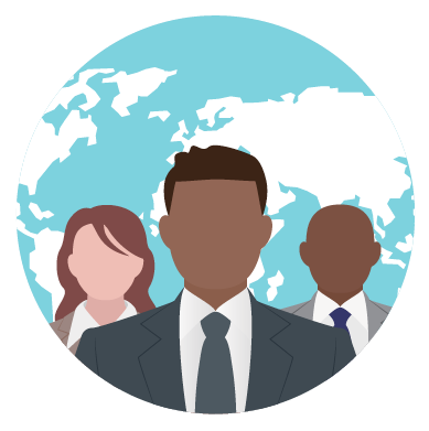 Clipart of a two men and a woman in business suits with a globe behind them.
